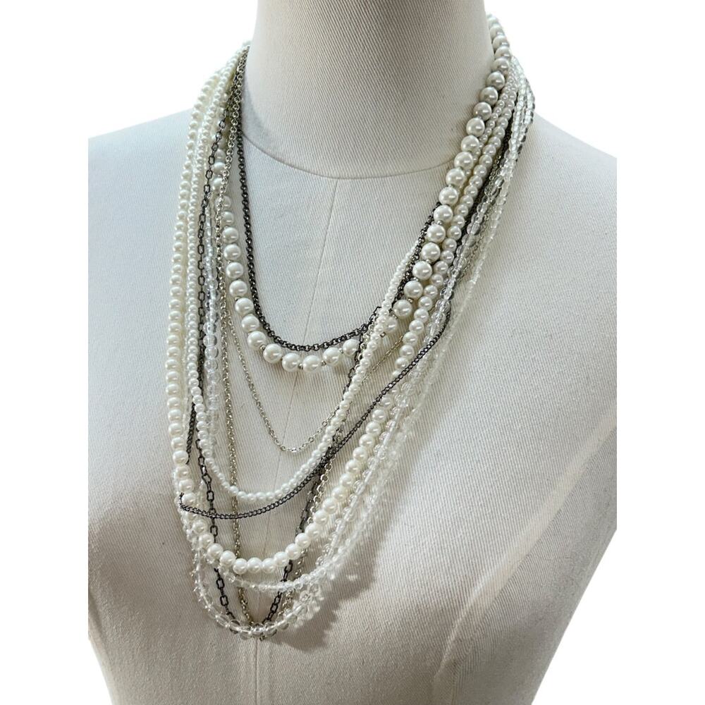Mixed Beads Multistrand Tiered Necklace White Silvertone Pewter Oversize Lobster